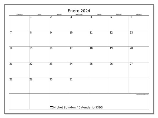Calendario enero 2024 “53”. Horario para imprimir gratis.. De domingo a sábado