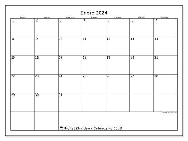 Calendario enero 2024 “53”. Horario para imprimir gratis.. De lunes a domingo