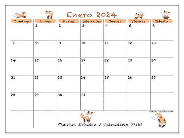 Calendario enero 2024 “771”. Calendario para imprimir gratis.. De domingo a sábado