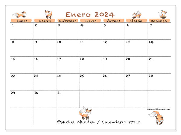 Calendario para imprimir, enero 2024, 771LD