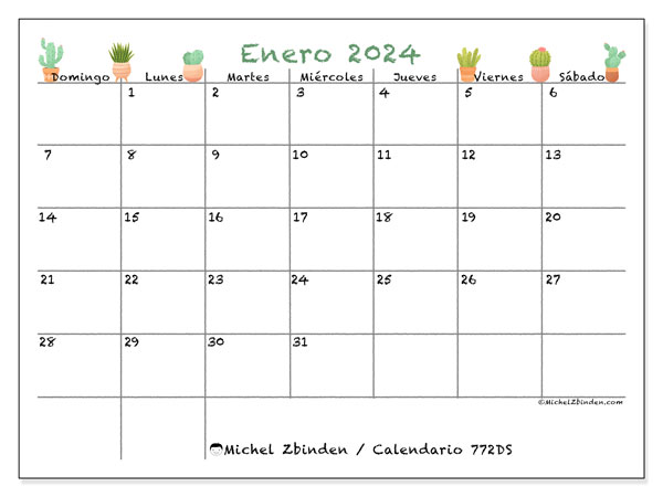 Calendario enero 2024 “772”. Calendario para imprimir gratis.. De domingo a sábado
