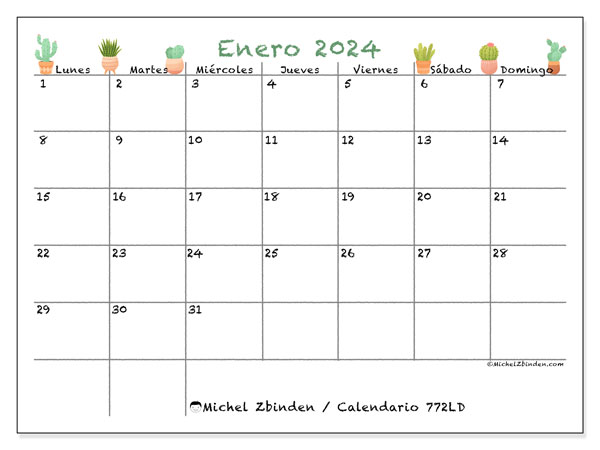 Calendario enero 2024 “772”. Calendario para imprimir gratis.. De lunes a domingo