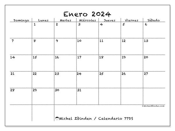 Calendario enero 2024 “77”. Diario para imprimir gratis.. De domingo a sábado