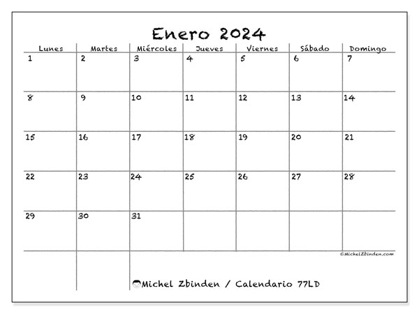 Calendario enero 2024 “77”. Calendario para imprimir gratis.. De lunes a domingo