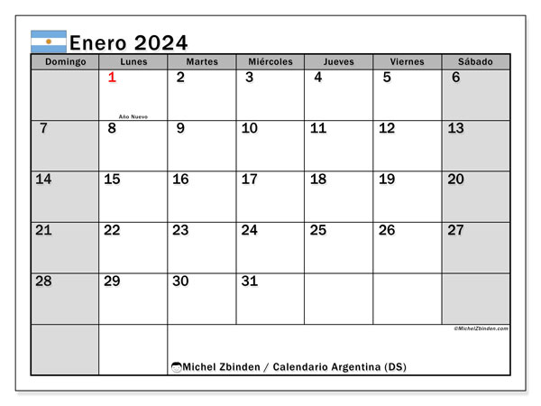 Calendário Janeiro 2024, Argentina (ES). Horário gratuito para impressão.