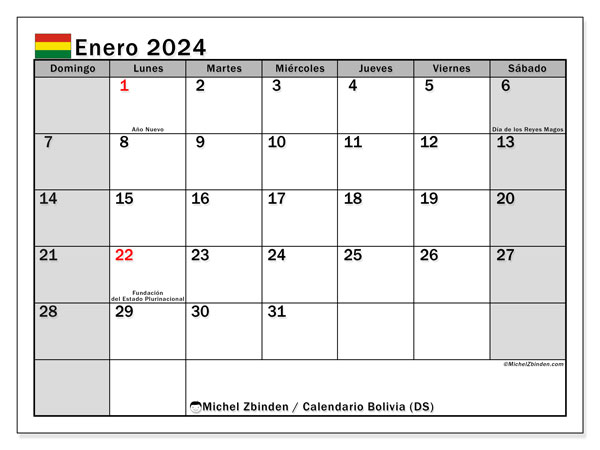 Kalender Januar 2024 “Bolivien”. Plan zum Ausdrucken kostenlos.. Sonntag bis Samstag