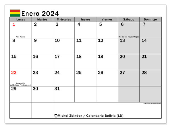 Kalender Januar 2024 “Bolivien”. Plan zum Ausdrucken kostenlos.. Montag bis Sonntag