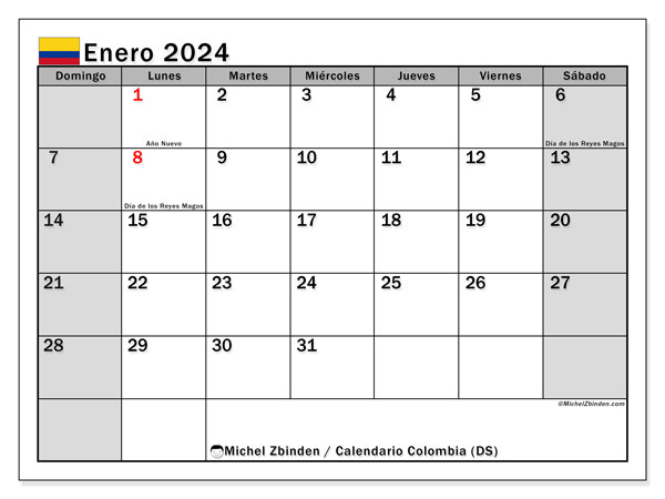 Kalender Januar 2024, Kolumbien (ES). Plan zum Ausdrucken kostenlos.
