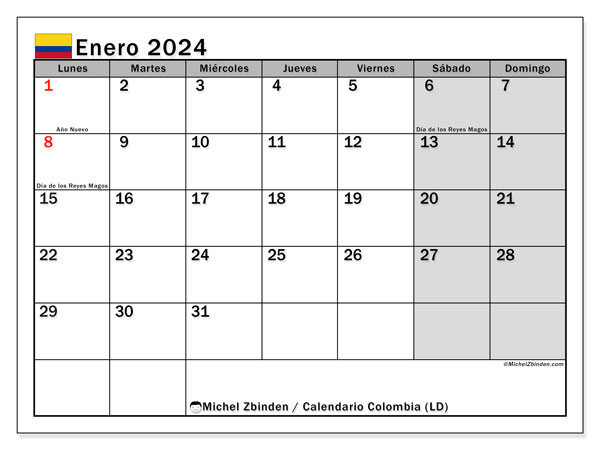 Kalender Januar 2024 “Kolumbien”. Kalender zum Ausdrucken kostenlos.. Montag bis Sonntag