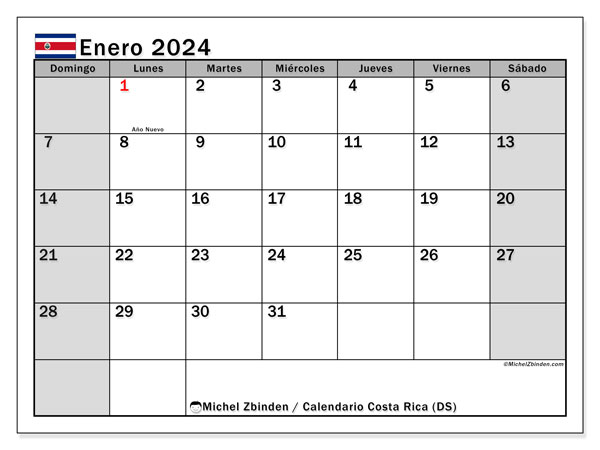 Kalender Januar 2024 “Costa Rica”. Plan zum Ausdrucken kostenlos.. Sonntag bis Samstag