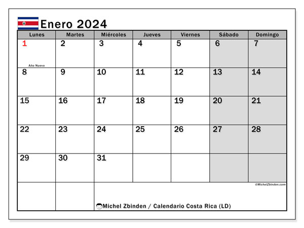 Kalender Januar 2024 “Costa Rica”. Plan zum Ausdrucken kostenlos.. Montag bis Sonntag
