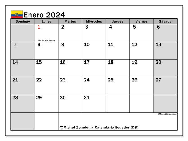 Kalender Januar 2024 “Ecuador”. Programm zum Ausdrucken kostenlos.. Sonntag bis Samstag