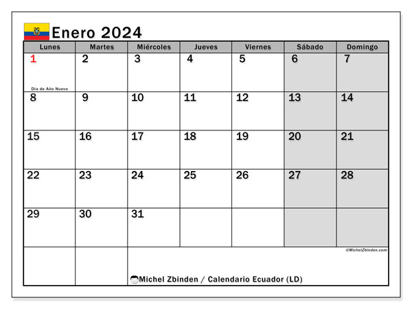 Kalender Januar 2024 “Ecuador”. Programm zum Ausdrucken kostenlos.. Montag bis Sonntag