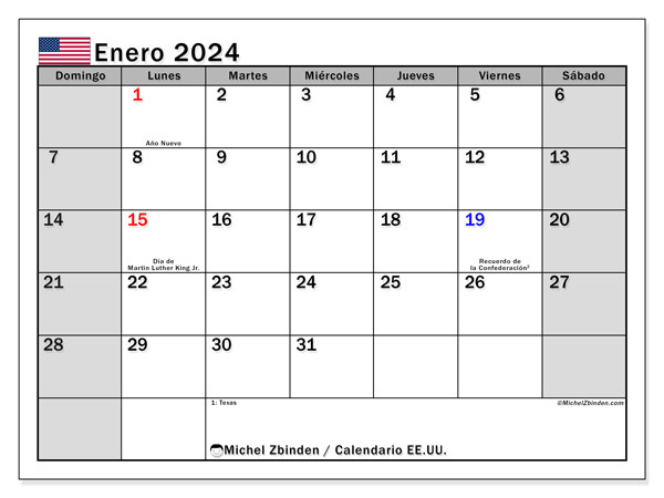 Calendario para imprimir, enero 2024, Estados Unidos