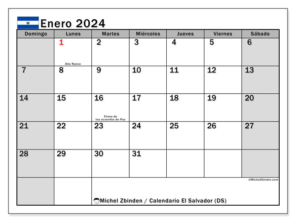 Kalenteri tammikuu 2024, El Salvador (ES). Ilmainen tulostettava lehti.