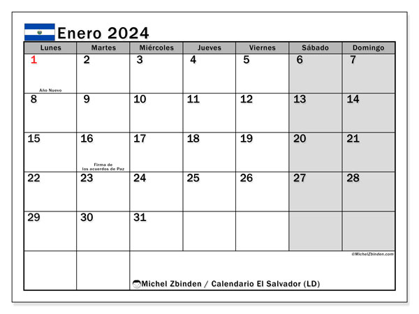 Kalender Januar 2024 “El Salvador”. Programm zum Ausdrucken kostenlos.. Montag bis Sonntag