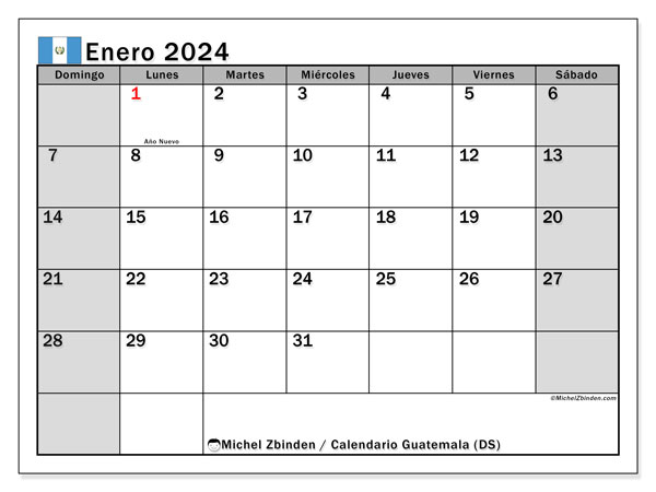Kalender Januar 2024 “Guatemala”. Kalender zum Ausdrucken kostenlos.. Sonntag bis Samstag