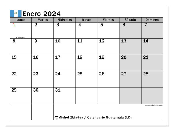 Calendario enero 2024 “Guatemala”. Calendario para imprimir gratis.. De lunes a domingo