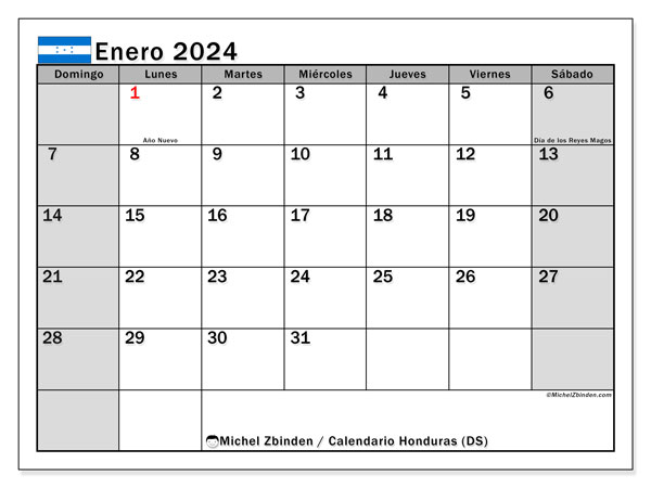 Calendario enero 2024 “Honduras”. Horario para imprimir gratis.. De domingo a sábado