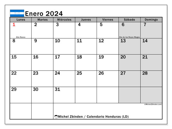 Calendario enero 2024 “Honduras”. Horario para imprimir gratis.. De lunes a domingo