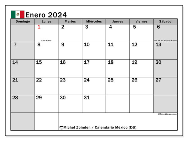 Kalender Januar 2024 “Mexiko”. Plan zum Ausdrucken kostenlos.. Sonntag bis Samstag