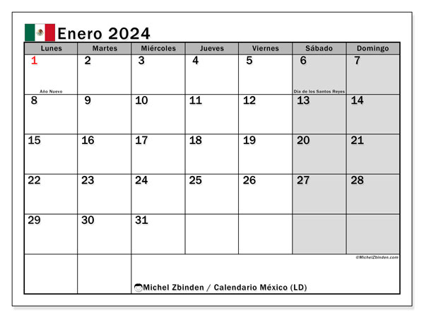 Kalender Januar 2024 “Mexiko”. Plan zum Ausdrucken kostenlos.. Montag bis Sonntag