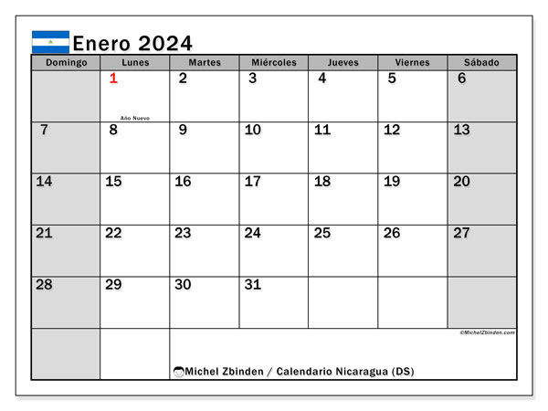 Kalenteri tammikuu 2024, Nicaragua (ES). Ilmainen tulostettava lehti.