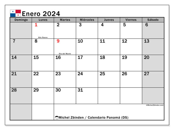 Calendário Janeiro 2024, Panamá (ES). Horário gratuito para impressão.