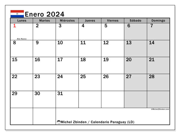 Kalender Januar 2024 “Paraguay”. Kalender zum Ausdrucken kostenlos.. Montag bis Sonntag