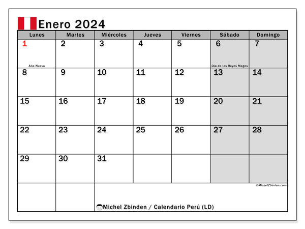 Kalender Januar 2024 “Peru”. Kalender zum Ausdrucken kostenlos.. Montag bis Sonntag