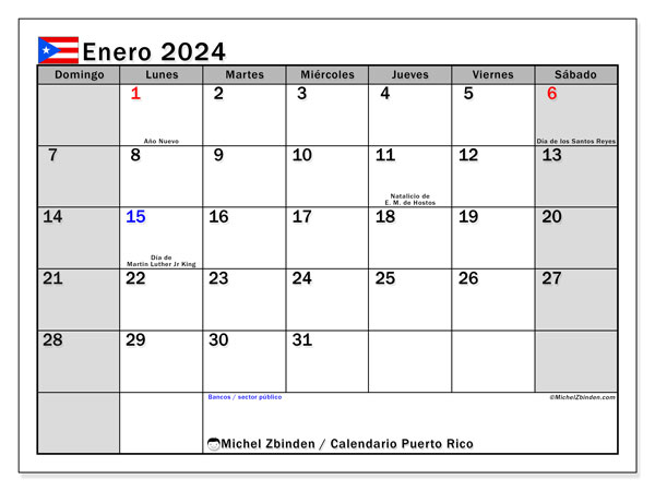 Kalenteri tammikuu 2024, Puerto Rico (ES). Ilmainen tulostettava lehti.