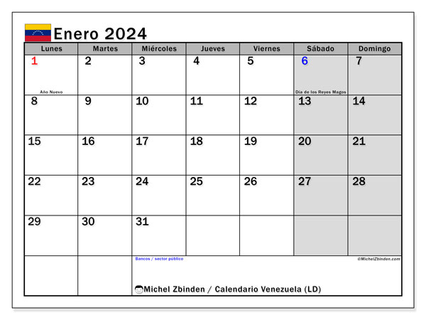 Kalender Januar 2024 “Venezuela”. Plan zum Ausdrucken kostenlos.. Montag bis Sonntag