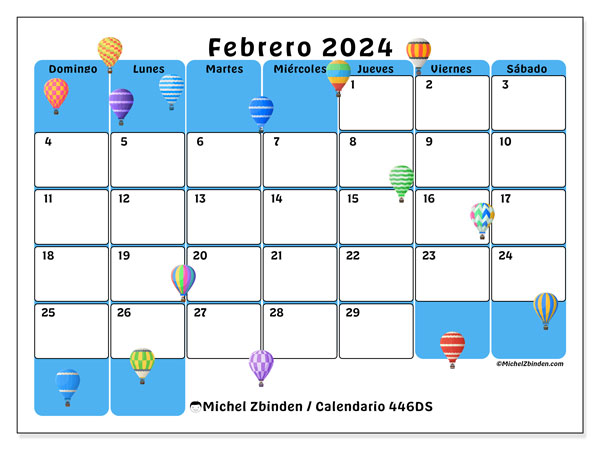 Calendario febrero 2024 “446”. Horario para imprimir gratis.. De domingo a sábado