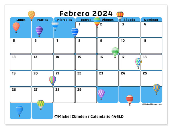 Calendario febrero 2024 “446”. Horario para imprimir gratis.. De lunes a domingo