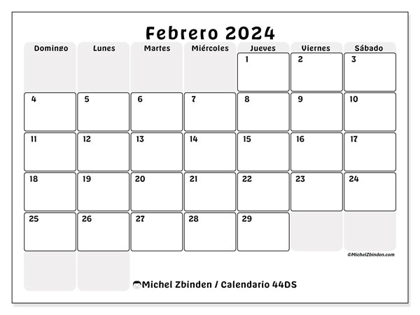 Calendario febrero 2024 “44”. Calendario para imprimir gratis.. De domingo a sábado