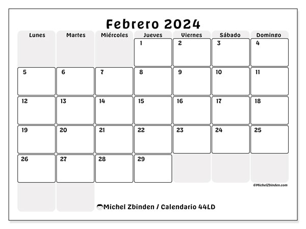 Calendario febrero 2024, 44LD. Diario para imprimir gratis.