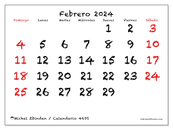 Calendario febrero 2024, 46DS. Diario para imprimir gratis.