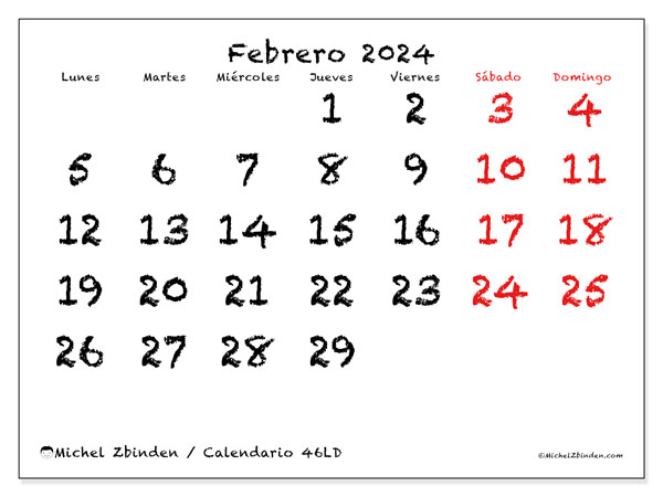 Calendario febrero 2024 “46”. Calendario para imprimir gratis.. De lunes a domingo