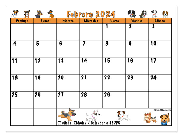 Calendario febrero 2024, 482DS. Diario para imprimir gratis.