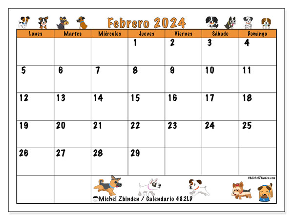 Calendario febrero 2024 “482”. Horario para imprimir gratis.. De lunes a domingo