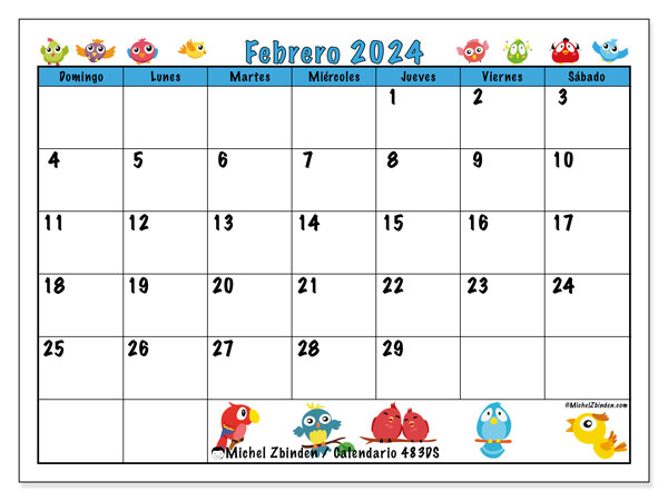 Calendario para imprimir, febrero 2024, 483DS