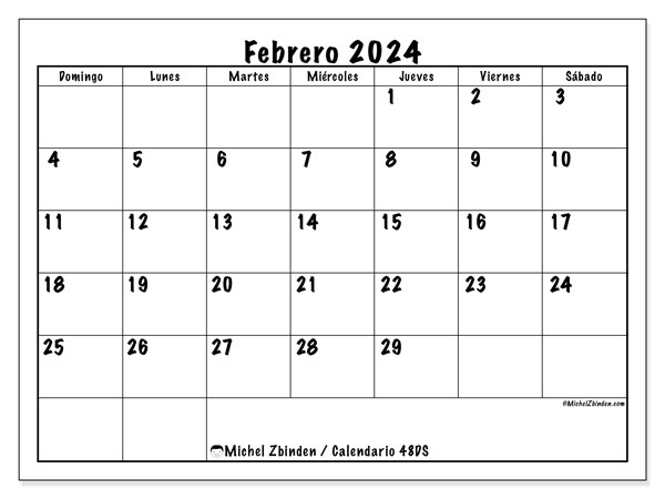 Calendario febrero 2024 “48”. Calendario para imprimir gratis.. De domingo a sábado