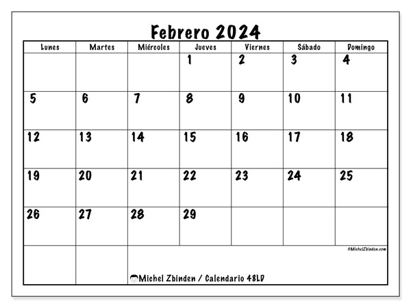 Calendario febrero 2024, 48DS. Diario para imprimir gratis.
