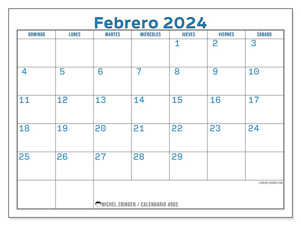 Calendario febrero 2024, 49DS. Diario para imprimir gratis.