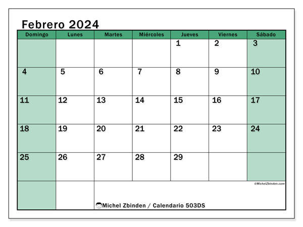 Calendario febrero 2024 “503”. Diario para imprimir gratis.. De domingo a sábado