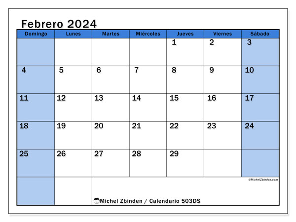 Calendario febrero 2024 “504”. Horario para imprimir gratis.. De domingo a sábado