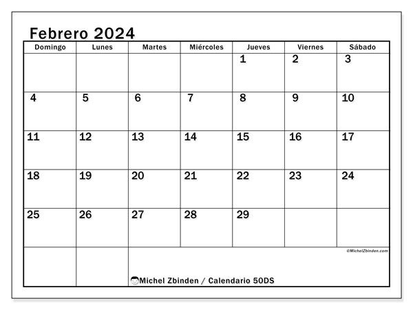 Calendario febrero 2024 “50”. Horario para imprimir gratis.. De domingo a sábado