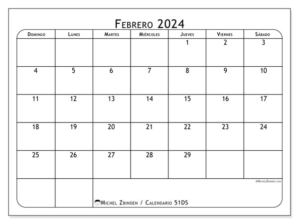 Calendario febrero 2024 “51”. Programa para imprimir gratis.. De domingo a sábado