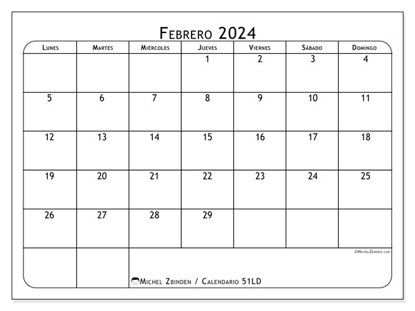 Calendario febrero 2024 “51”. Programa para imprimir gratis.. De lunes a domingo