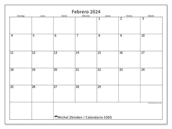 Calendario febrero 2024 “53”. Calendario para imprimir gratis.. De domingo a sábado